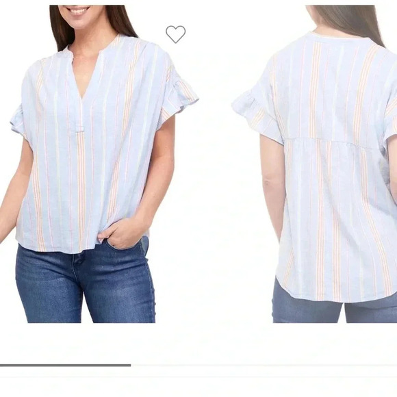 Crown & Ivy Women’s Linen Blouse Size Large Stripes, Ruffled Sleeves - Picture 1 of 5
